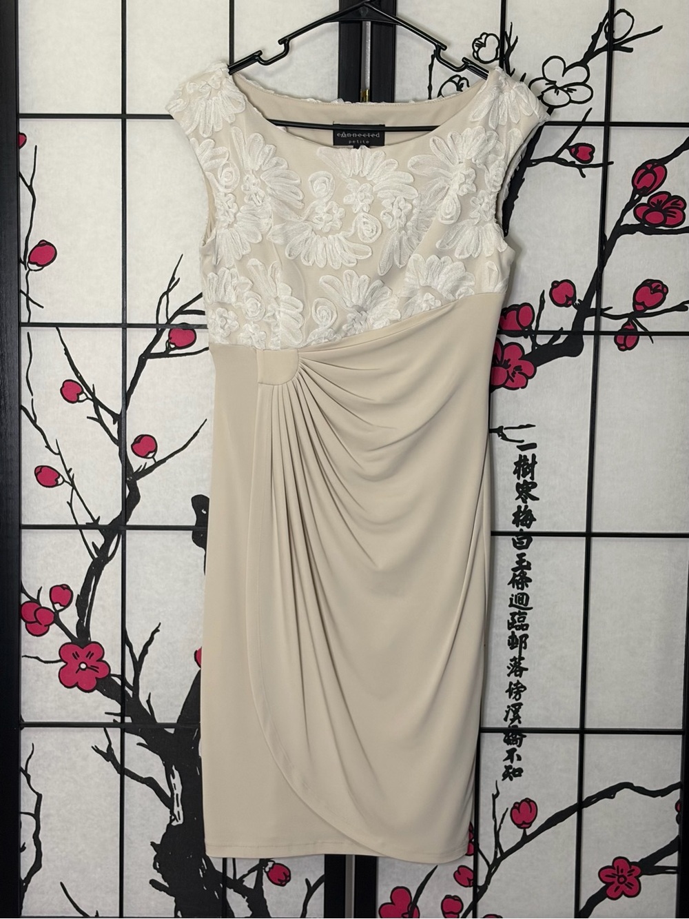 Connected Apparel Lace-Bodice Draped Midi Dress in Cream